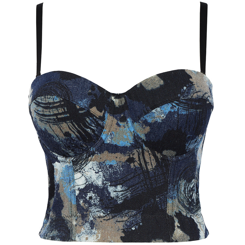 Backless lace-up denim camisole by Maryangel Rebel, featuring a slim fit and stylish print, perfect for casual wear.