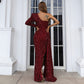 Off-shoulder long sleeve sequined dress by Maryangel Rebel, featuring a party-ready split design and elegant formal style.