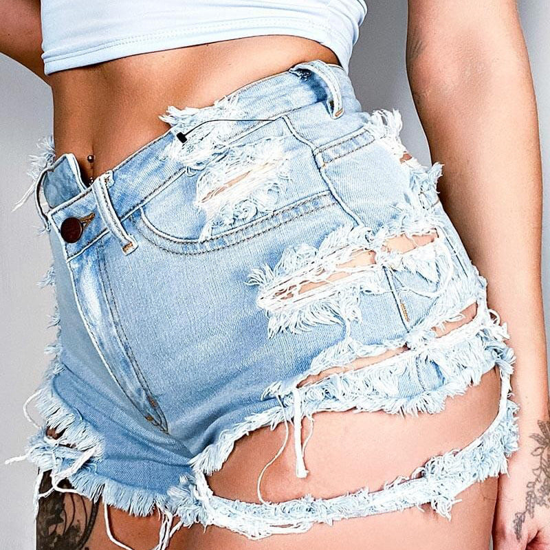 Trendy high waist ripped fringe shorts for women by Maryangel Rebel, featuring distressed detailing and a chic design.