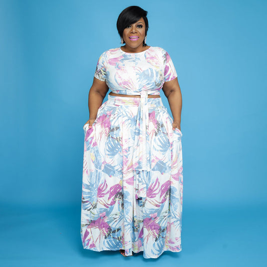 Plus size Maryangel Rebel multi-color printed two-piece set featuring a cropped top and matching bottoms.