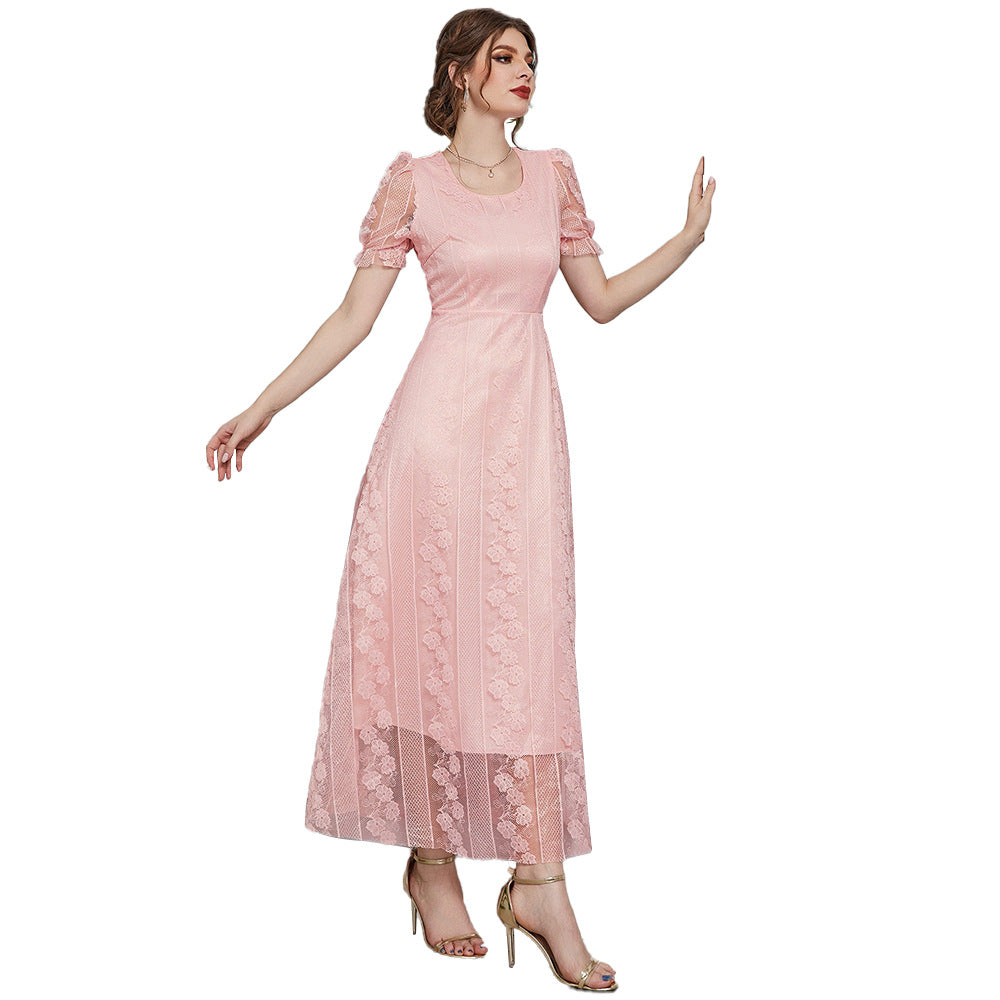 Maryangel Rebel women’s solid color maxi dress with U collar and mesh stitching details, showcasing a stylish silhouette.