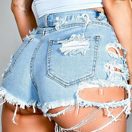 Maryangel Rebel women's trendy high waist ripped fringe shorts displayed on a model against a casual outdoor backdrop.