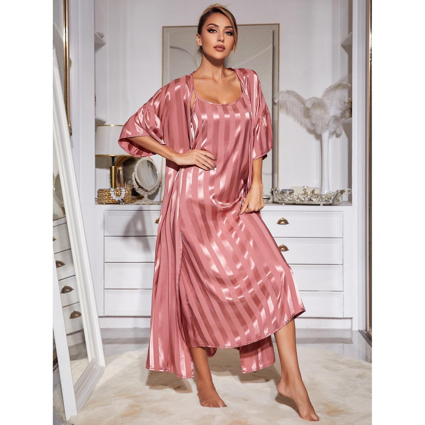 Sling Pyjamas Femmes Deux Pièces Ensemble Longue Robe Soie Haute Qualité Home Wear Set