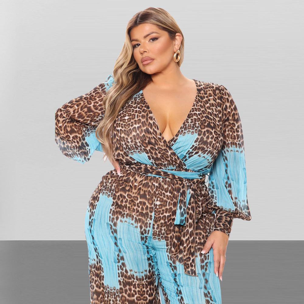 Anna V-Neck Printed Chiffon Vacation Jumpsuit with Belt