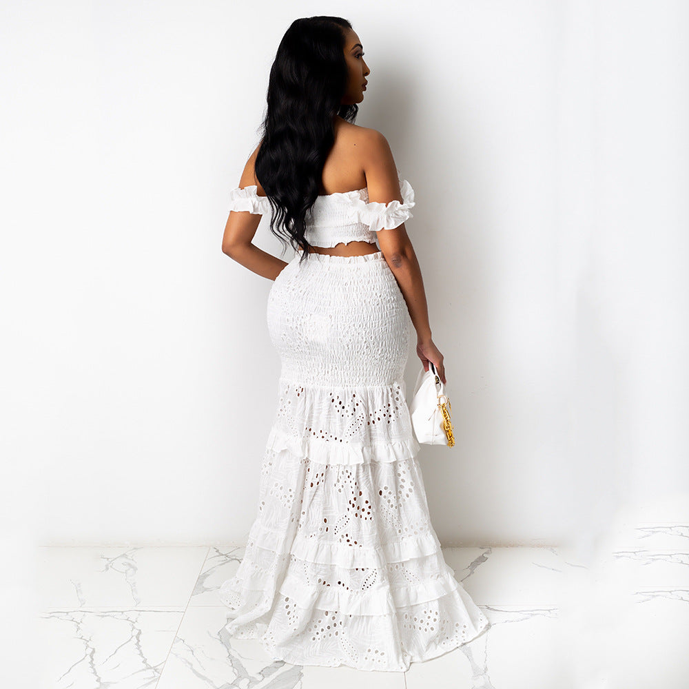 Maryangel Rebel women's solid color two-piece lace maxi dress with wrapped chest and fishtail design for spring summer.