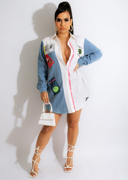 Plus size women’s casual denim shirt dress with patchwork stitching by Maryangel Rebel, mid-length style displayed on a model.