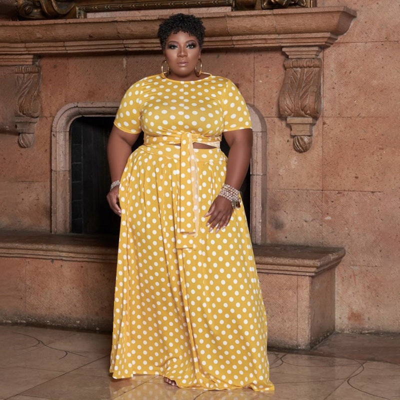 Plus size polka dot two-piece suit by Maryangel Rebel featuring a casual top and matching bottoms in a stylish design.