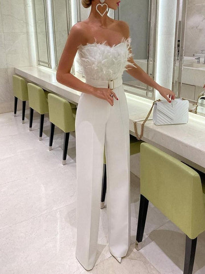 Maryangel Rebel feather tube top sexy jumpsuit with a fitted design and elegant feather detailing.