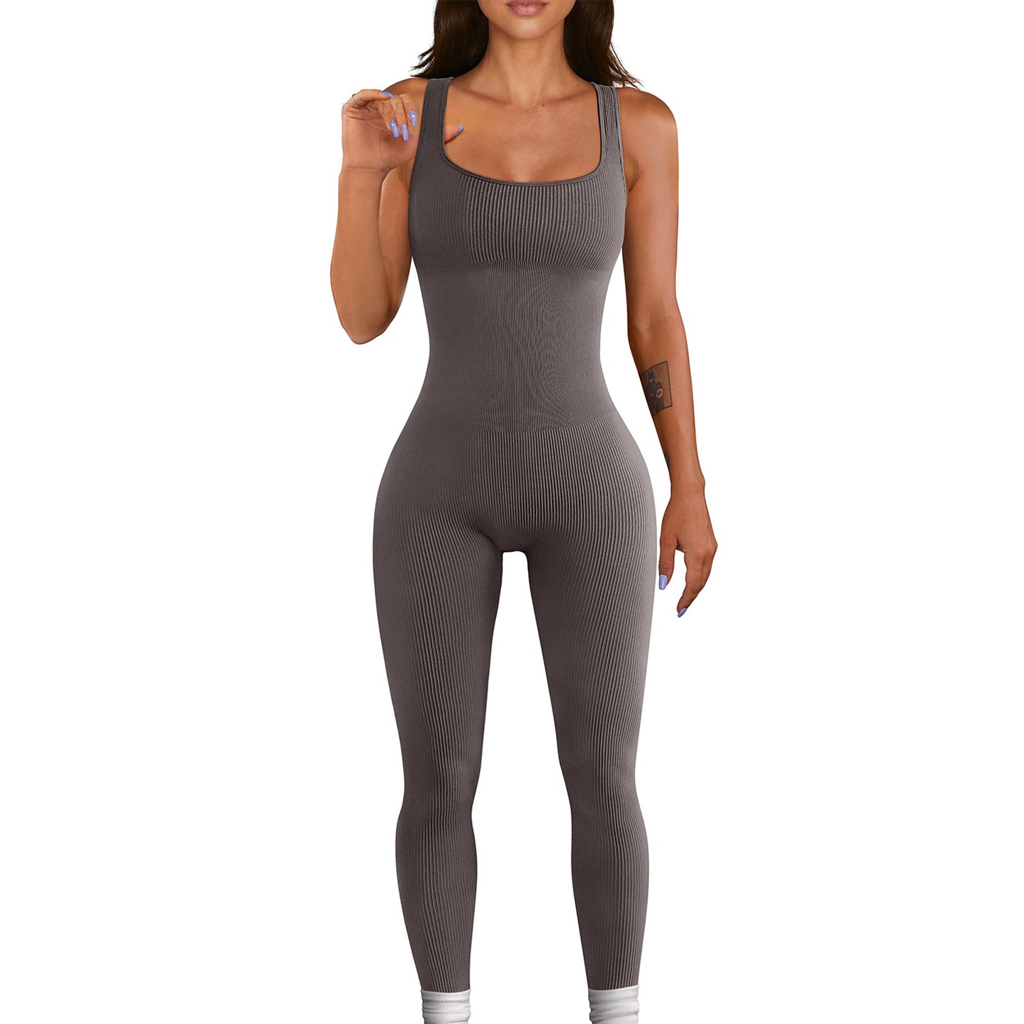 Vêtements pour femmes Gilet sans manches Combinaison Fil Col carré Hip Raise Slim Fit Sexy Jumpsuit
