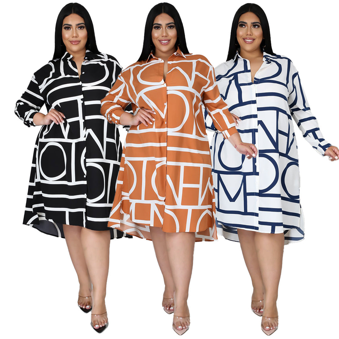 Plus size women's shirt dress by Maryangel Rebel featuring a printed design and pleated waist detail.
