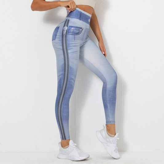 New Digital Printing Denim Blue Tight High Elastic Quick-Drying Yoga Pants Sports Running Fitness Pants for Women