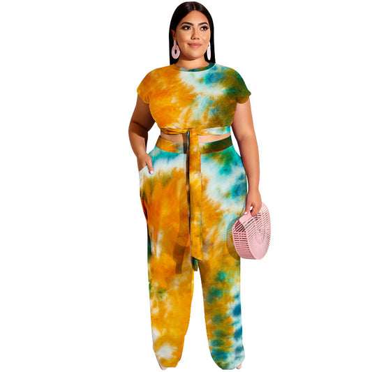 Plus size tie-dye printed two-piece casual set with lace-up detailing by Maryangel Rebel, modeled on a neutral background.
