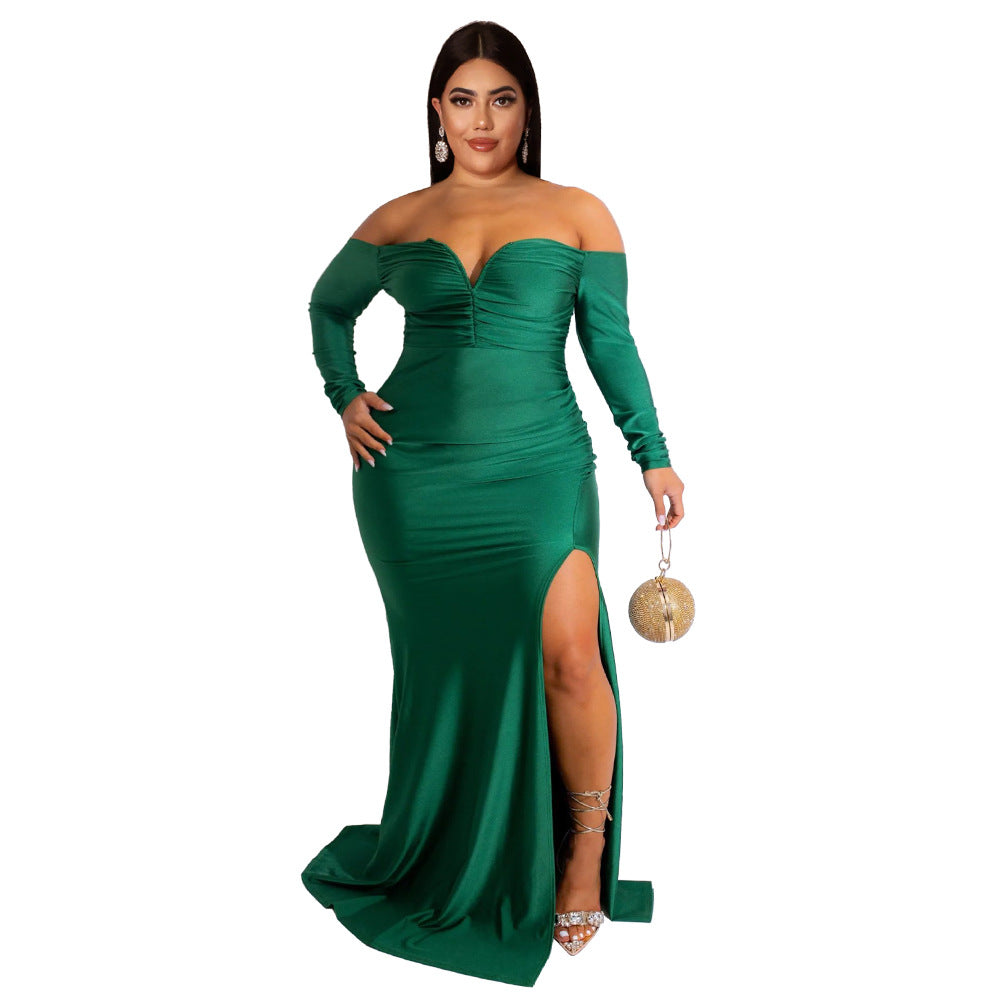 Plus size Maryangel Rebel sexy V neck solid color maxi dress with high split, perfect for autumn and winter nightclub wear.