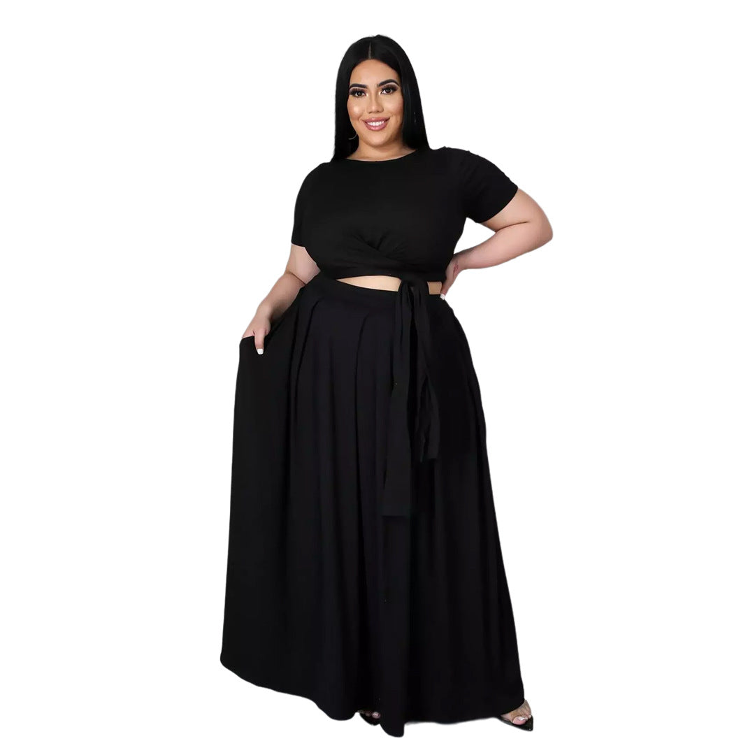 Plus size women’s solid color criss-cross lace-up swing skirt two-piece suit by Maryangel Rebel displayed on a model.