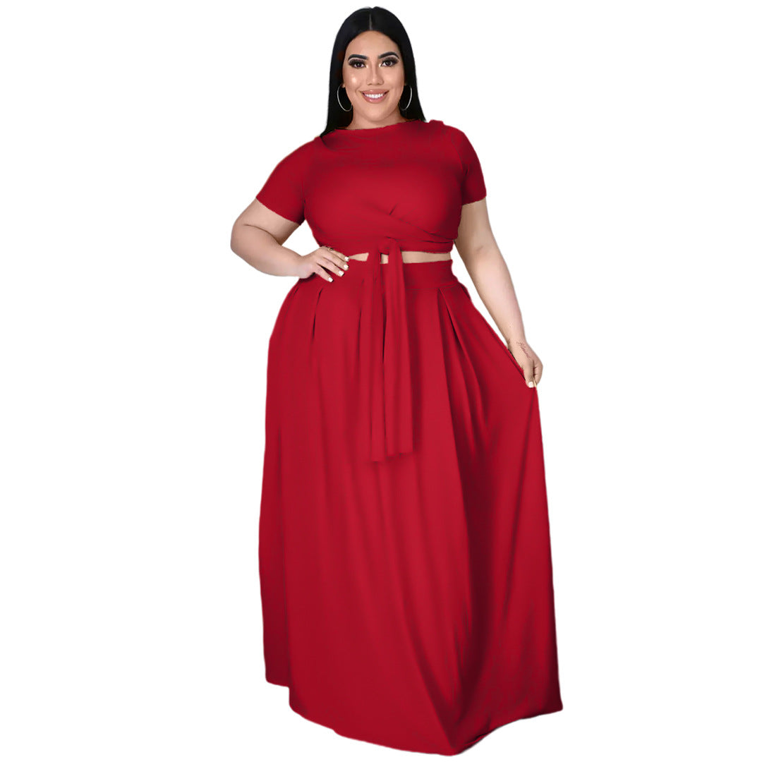 Plus size women’s solid color criss cross lace-up swing skirt two-piece suit by Maryangel Rebel, showcasing stylish design.