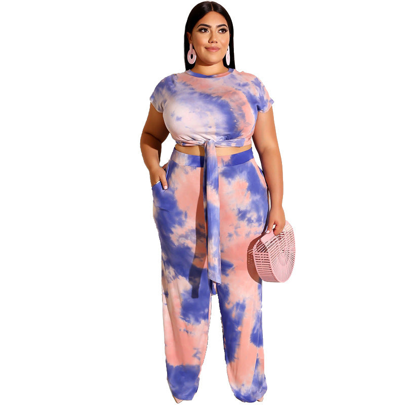 Plus size tie-dye printed two-piece casual set with lace-up detail by Maryangel Rebel, featuring a relaxed fit and vibrant colors.