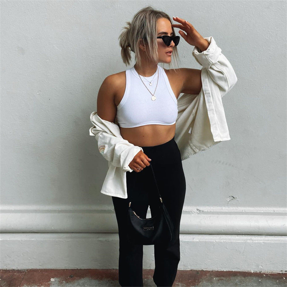 Round neck ribbed sports vest by Maryangel Rebel, cropped fit with a slimming waist in a stylish I-shaped design.