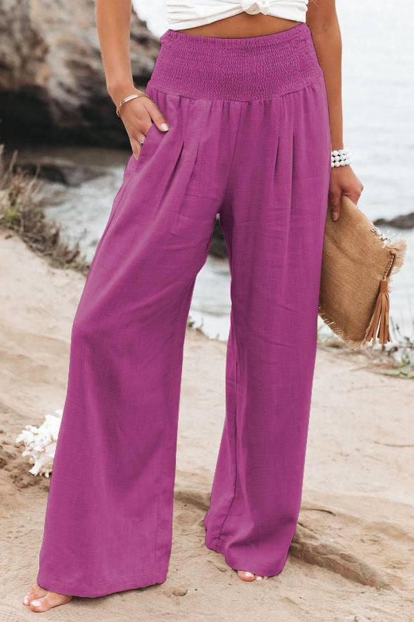Maryangel Rebel women's cotton linen wide leg pants in solid color with elastic waist, perfect for casual spring summer wear.