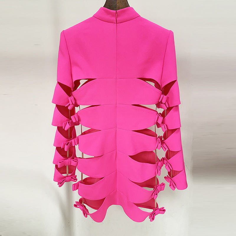 Star Sexy Personalized Hollow Out Cutout Bow Long Sleeve Dress Fluorescent Powder