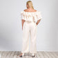 Plus size off-shoulder jumpsuit by Maryangel Rebel featuring lotus edge design and straight-leg fit, ideal for casual office wear.