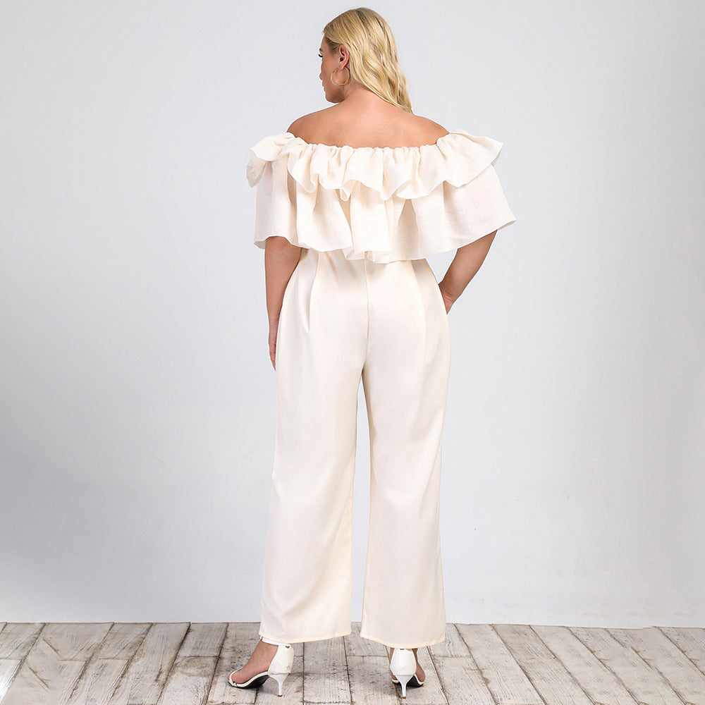 Plus size off-shoulder jumpsuit by Maryangel Rebel featuring lotus edge design and straight-leg fit, ideal for casual office wear.