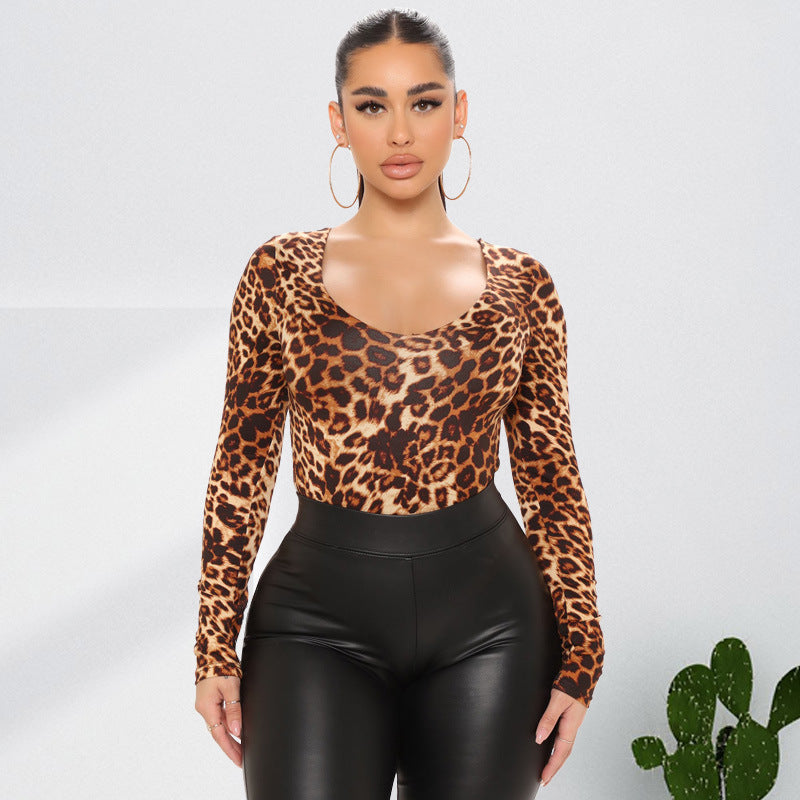 Plus size leopard print long sleeve jumpsuit for women by Maryangel Rebel, featuring a stylish and sexy design.