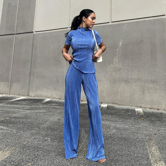 Maryangel Rebel women's casual fashion suit featuring a spring slimming T-shirt and high waist blue pleated wide leg pants.