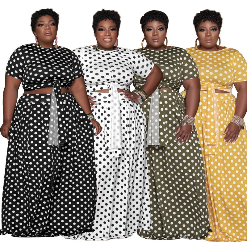 Plus size polka dot two-piece suit by Maryangel Rebel, featuring a stylish top and matching bottoms in a casual look.
