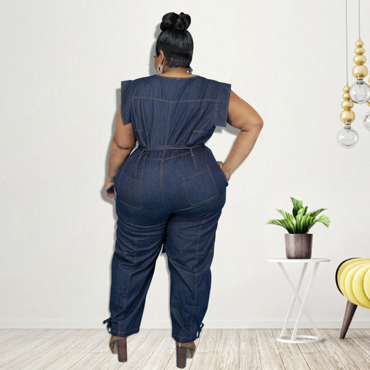Plus Size Women  Clothing New Denim Short Sleeve Wash Jumpsuit Trousers Sexy New