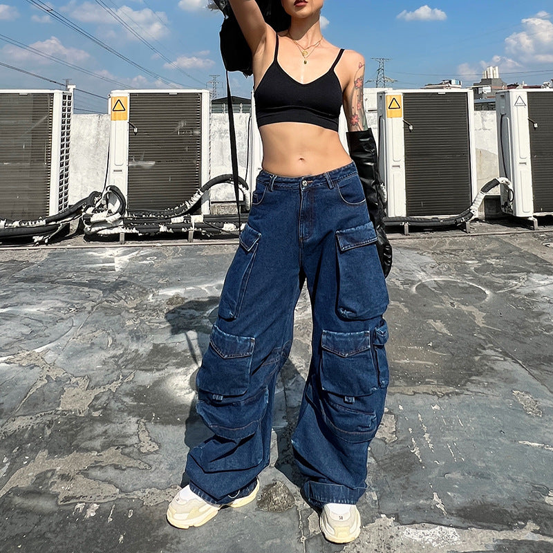 High waist loose wide leg pants with large pockets for women by Maryangel Rebel, styled in a casual setting.