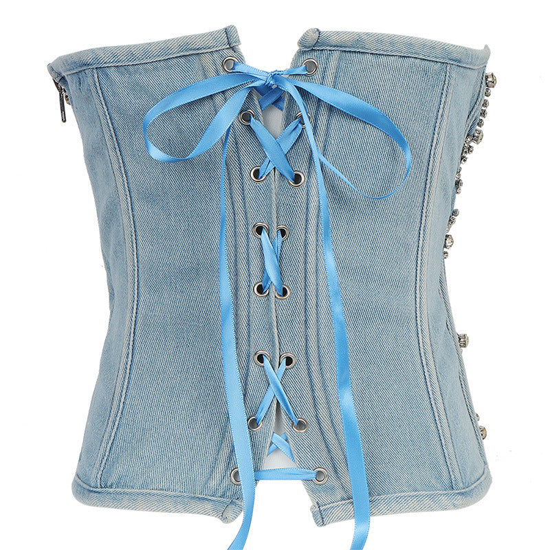 Maryangel Rebel diamond beaded denim tube top, strapless vest with lace-up detail and zipper, showcasing slim fit design.