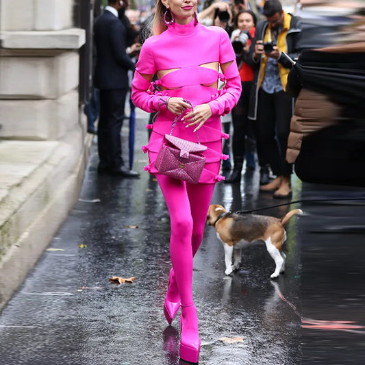 Star Sexy Personalized Hollow Out Cutout Bow Long Sleeve Dress Fluorescent Powder