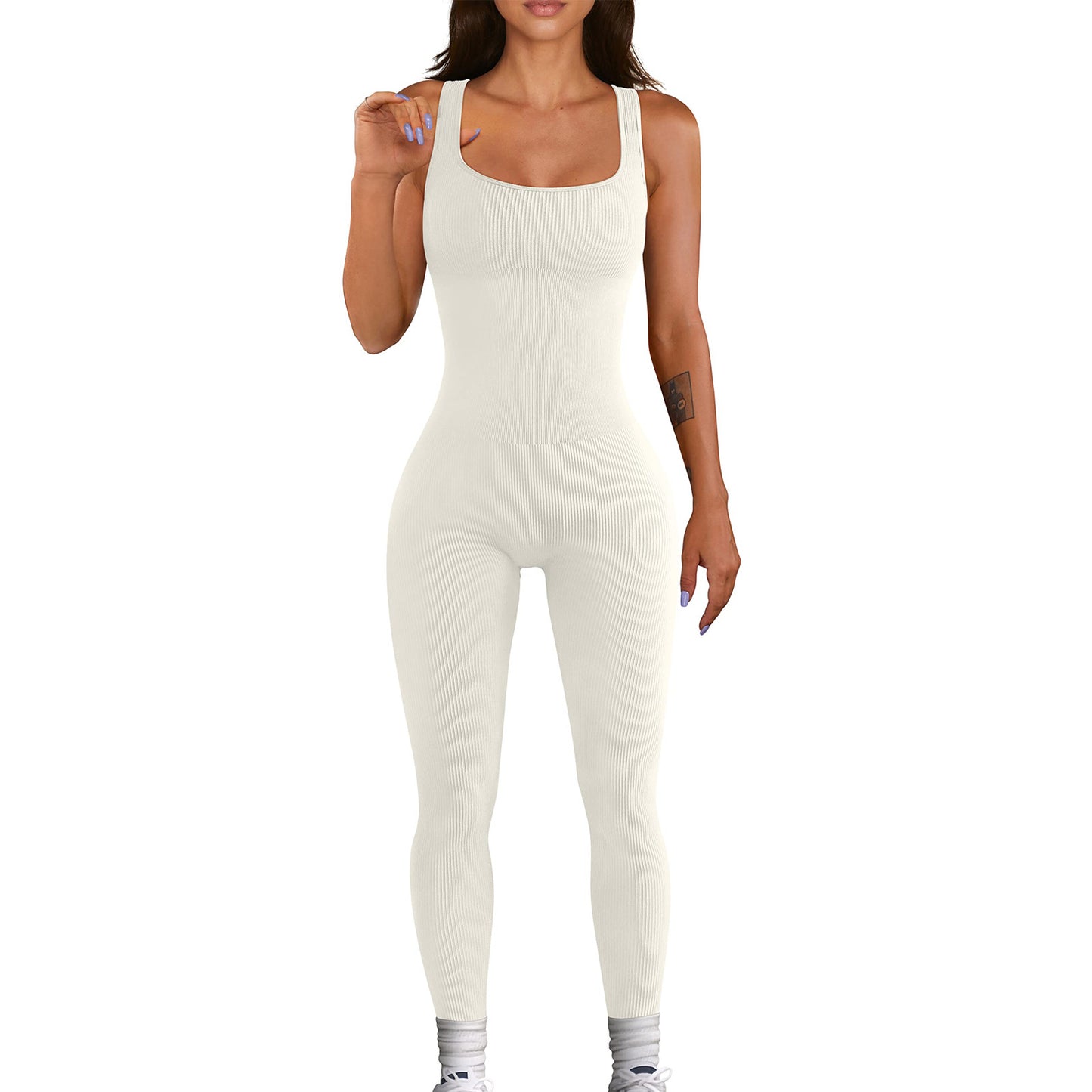 Vêtements pour femmes Gilet sans manches Combinaison Fil Col carré Hip Raise Slim Fit Sexy Jumpsuit