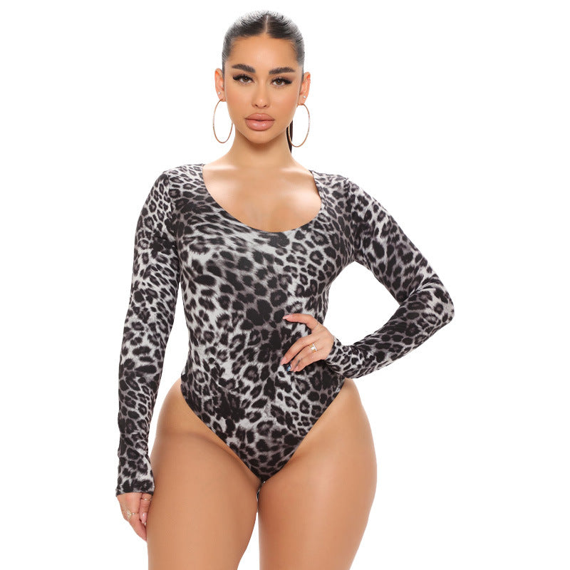 Plus size leopard print long sleeve jumpsuit by Maryangel Rebel, featuring a stylish and sexy design.
