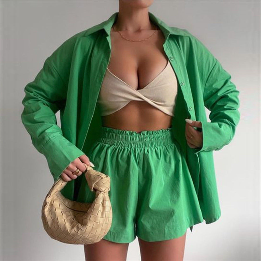 Maryangel Rebel spring summer two piece set featuring a solid color collared shirt and loose shorts.