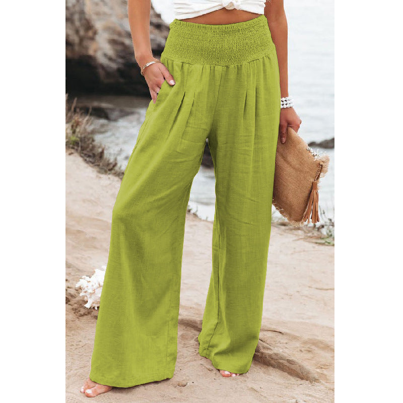 Maryangel Rebel women's solid color cotton linen wide leg pants with elastic waist, perfect for casual spring and summer wear.