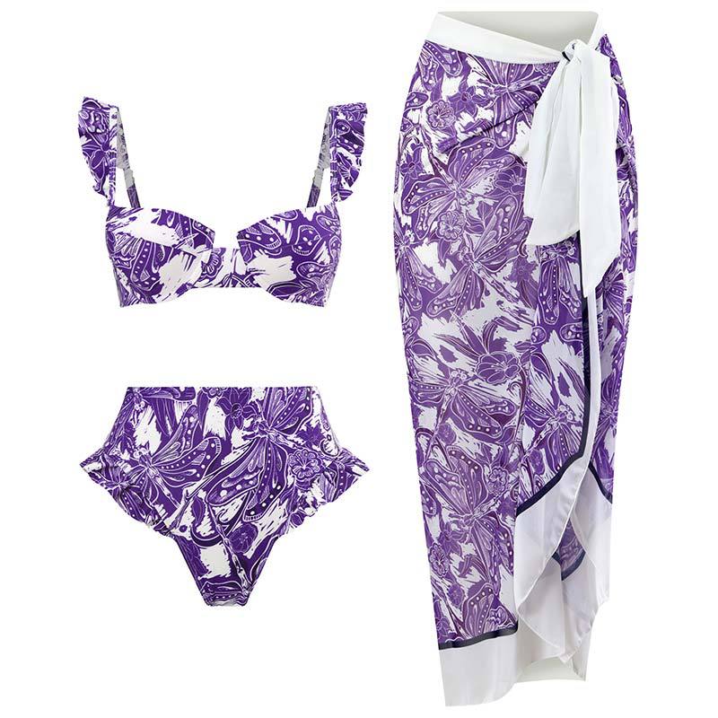 Maillot de bain rétro fendu trois pièces maillot de bain jupe de plage à lacets