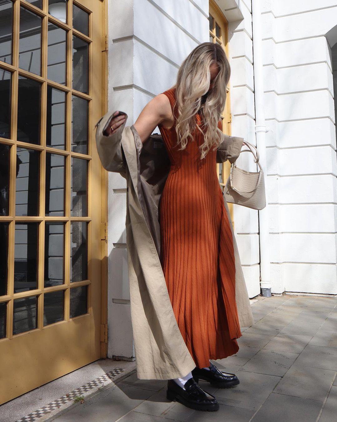 Maryangel Rebel women's knitted maxi dress featuring a round neck, big pit stripes, and a slimming fit for casual spring summer wear.