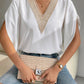 Maryangel Rebel women's short sleeve chiffon shirt with V-neck and lace detail in solid color for spring and summer.