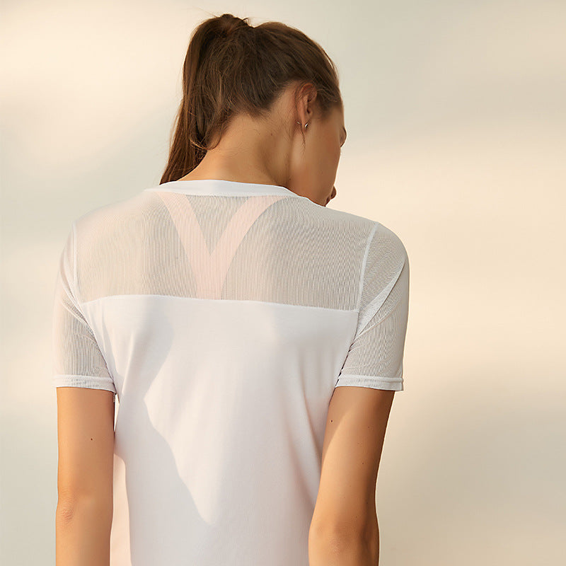 Quick-Drying Yoga Fitness Sportswear Breathable Mesh Stitching Running Exercise T-shirt Women