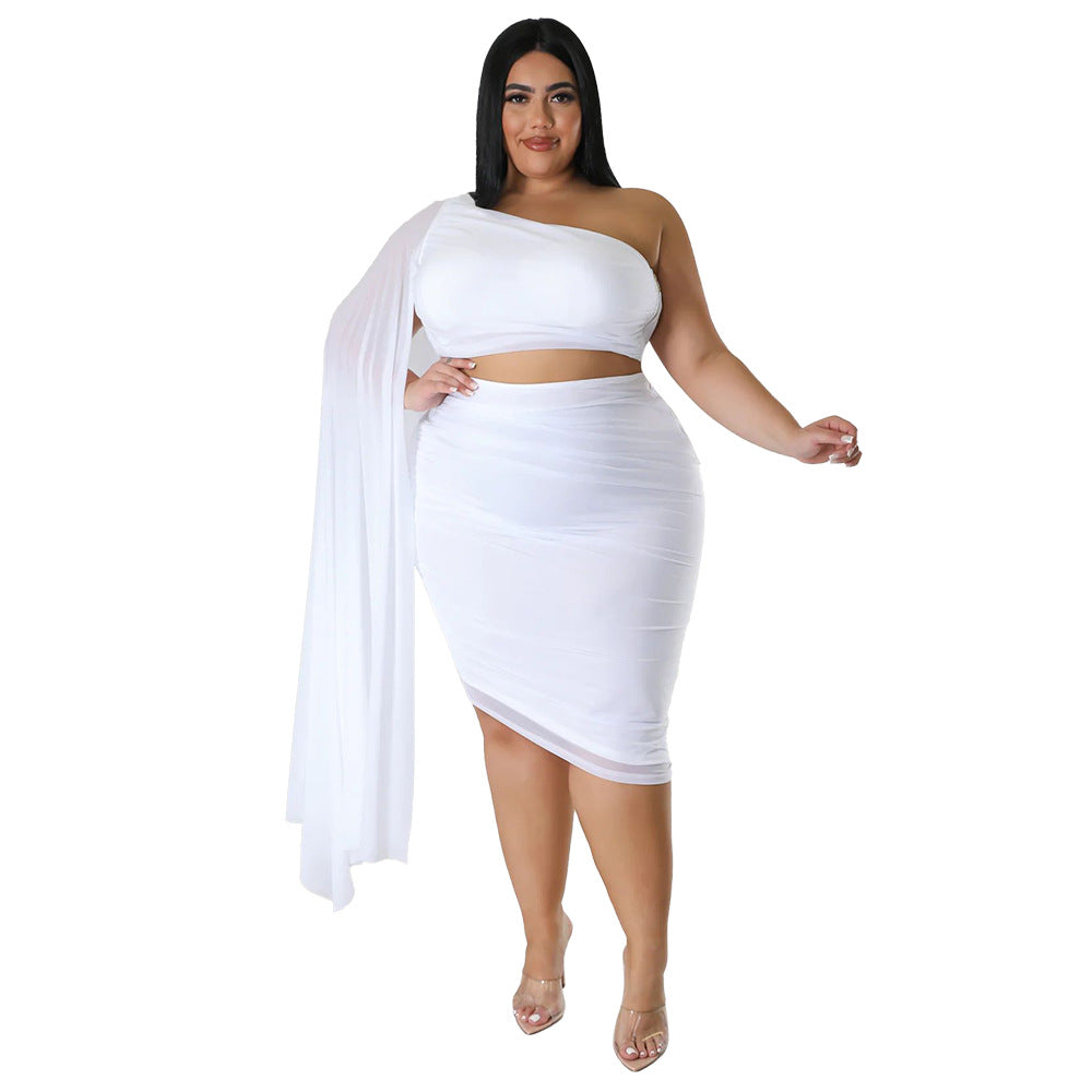 Plus size women's two-piece set by Maryangel Rebel featuring a high elastic diagonal collar and long train sleeves.