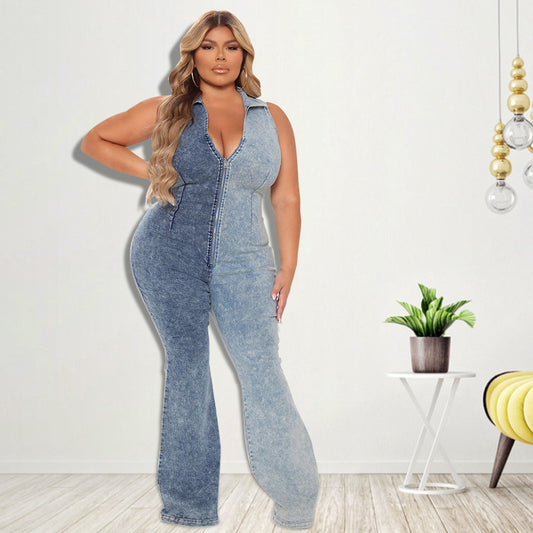 Plus size Maryangel Rebel denim jumpsuit featuring color matching design and a stylish, sexy fit for women.