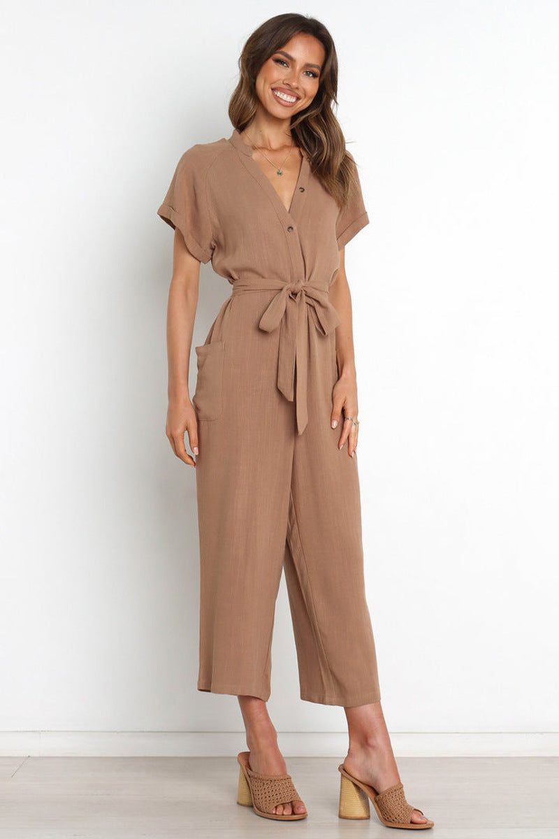 Été couleur unie poche Sexy col en V recadrée combinaison à jambes larges femmes
