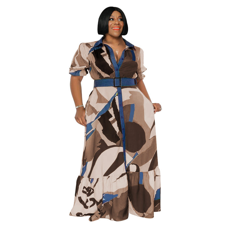 Plus size women's summer dress by Maryangel Rebel, featuring colorful prints and a stylish belt for a loose fit.