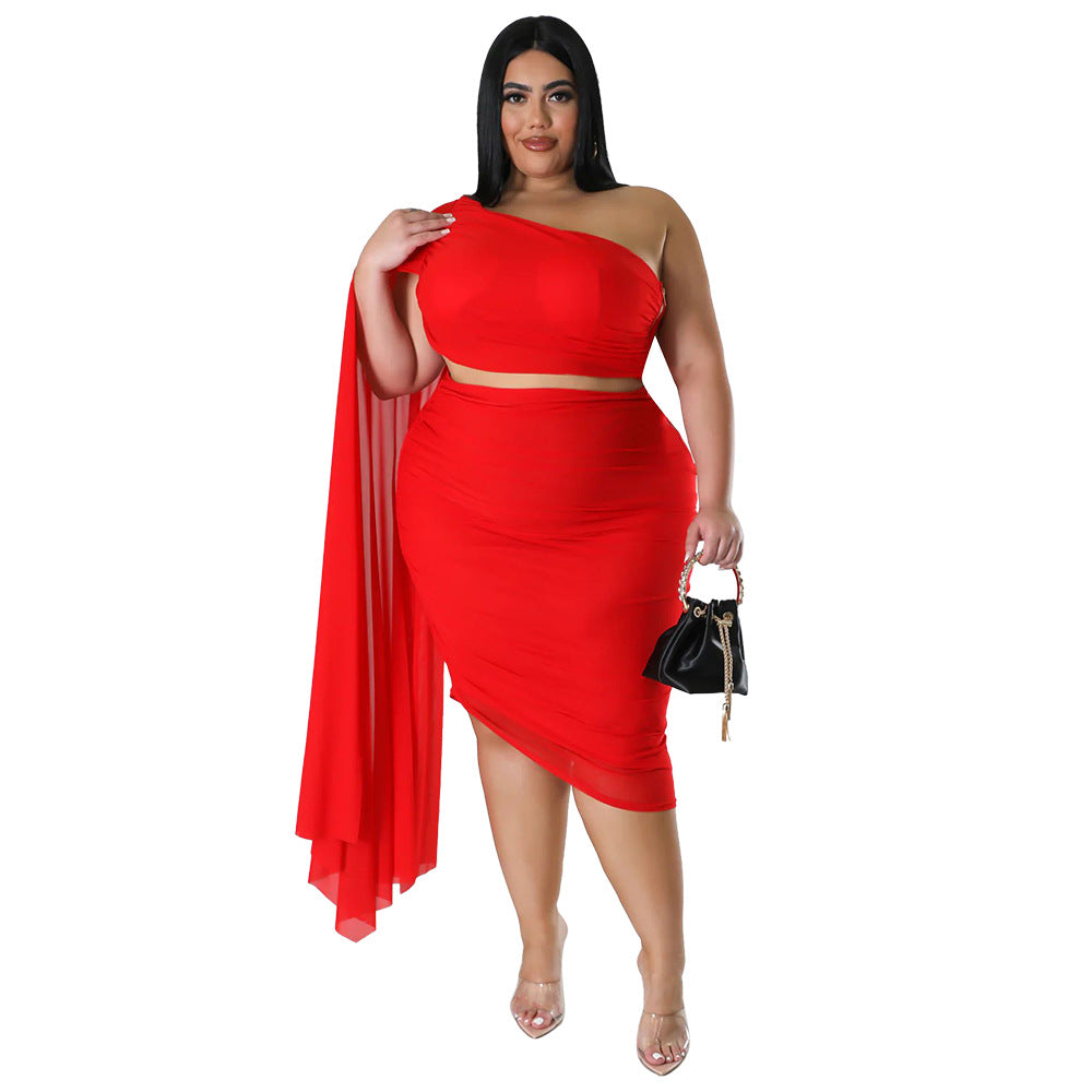 Plus size women's two-piece set by Maryangel Rebel featuring a high elastic diagonal collar and long train sleeves.