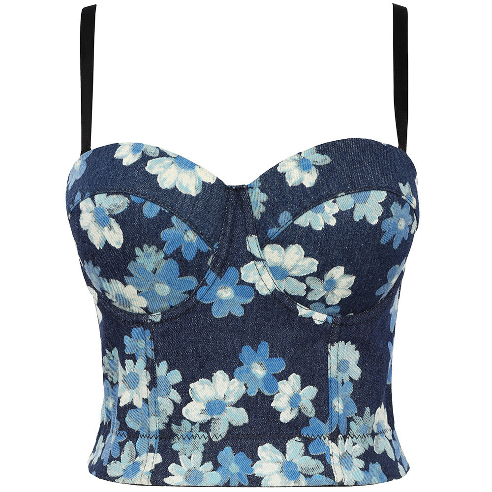 Backless lace-up denim camisole by Maryangel Rebel, featuring a slim fit and stylish tube top design for women.