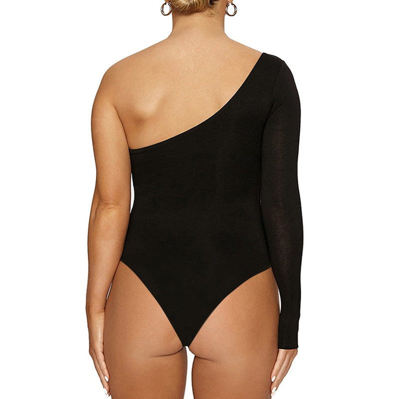 One shoulder long sleeve bodysuit in black, fitted style, showcased on a model for Maryangel Rebel's spring-summer collection.