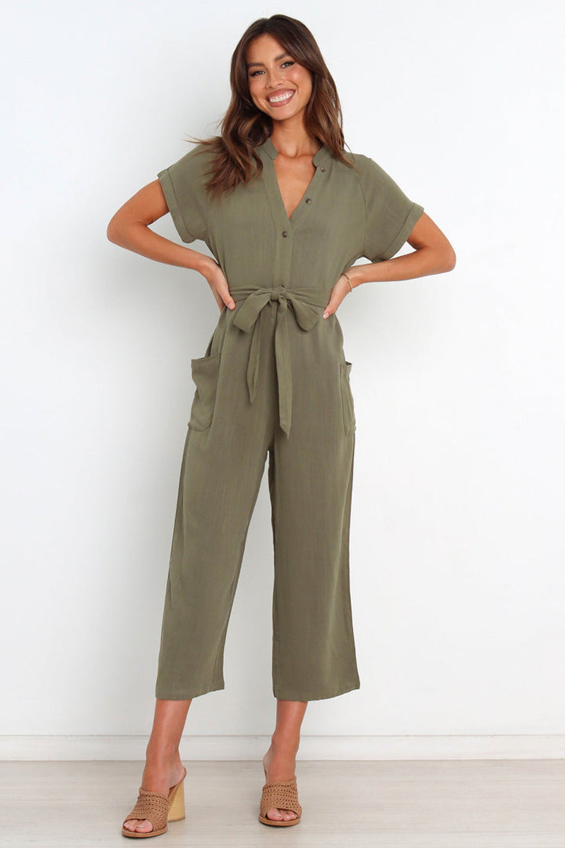 Été couleur unie poche Sexy col en V recadrée combinaison à jambes larges femmes