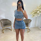Maryangel Rebel women's two-piece denim set featuring a stretchy vest and short skirt, styled for a sexy look.