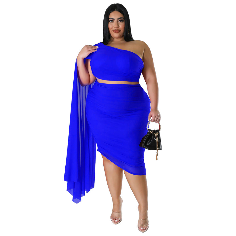 Plus size women's two-piece set by Maryangel Rebel featuring high elastic diagonal collar and long train sleeves.